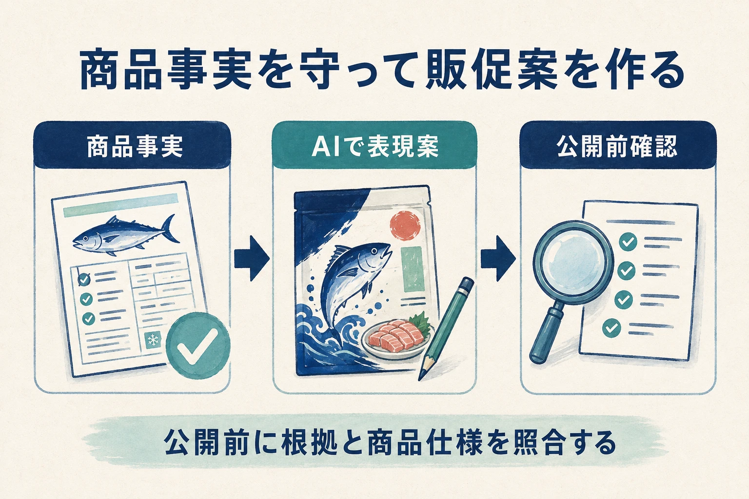 公開前に商品仕様と根拠を照合します。パッケージは説明用の概念イラストです。 商品事実をもとにAIで表現案を作り、公開前に確認する流れ