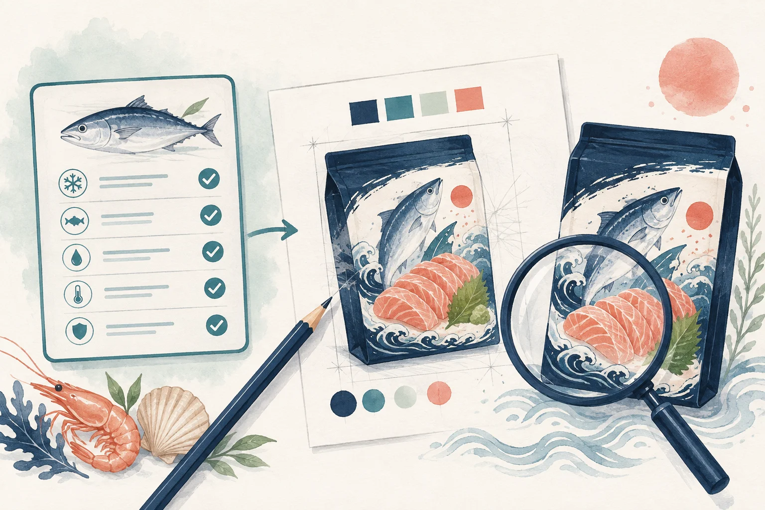 商品仕様を確かめながら販促の表現案を作る概念イラスト
