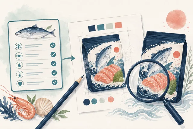 商品仕様を確かめながら販促の表現案を作る概念イラスト
