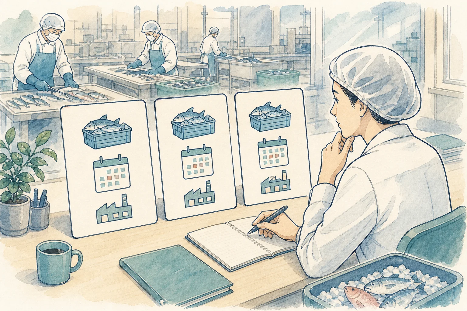 工場の条件をそろえた三つの候補資料を比較する担当者の概念イラスト