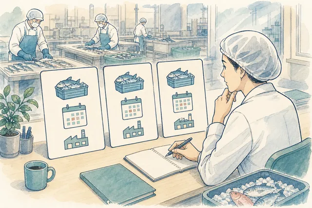 工場の条件をそろえた三つの候補資料を比較する担当者の概念イラスト