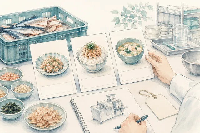 手持ちの魚原料と三つの商品案を照合する新商品企画の概念イラスト