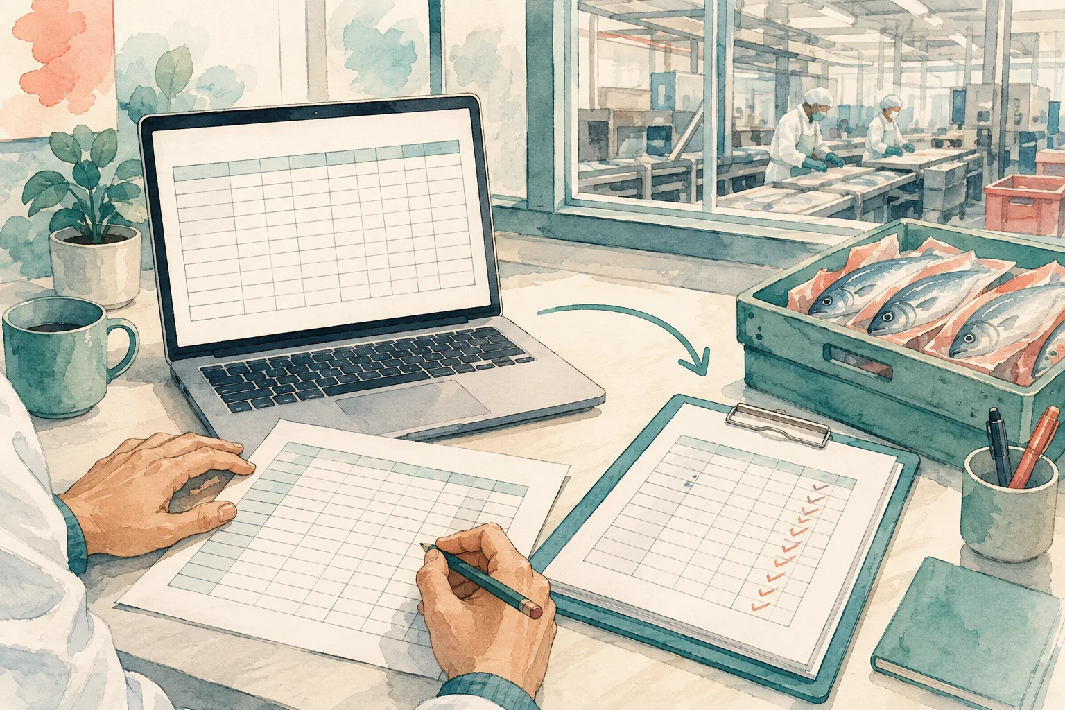 表計算と現場の実績表を照合し作業の分担を考える説明用イラスト