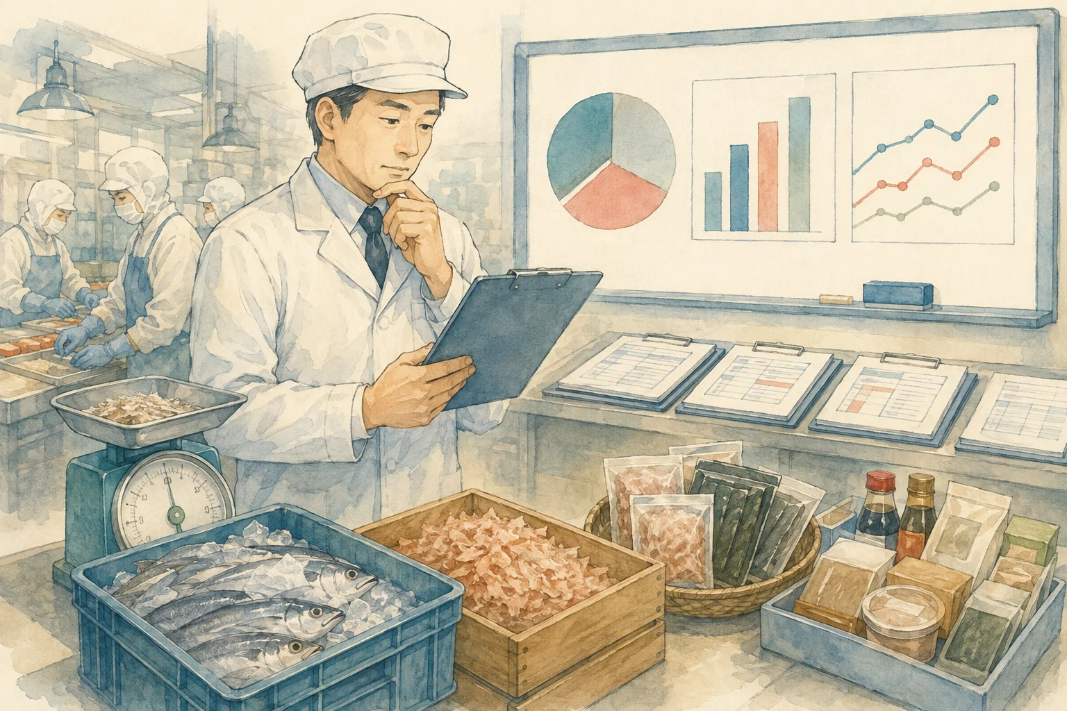 日報と原料、製品、グラフを見比べる食品工場の担当者の概念イラスト