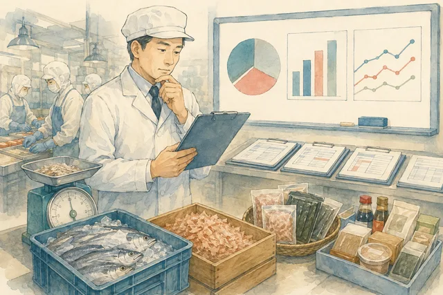 日報と原料、製品、グラフを見比べる食品工場の担当者の概念イラスト