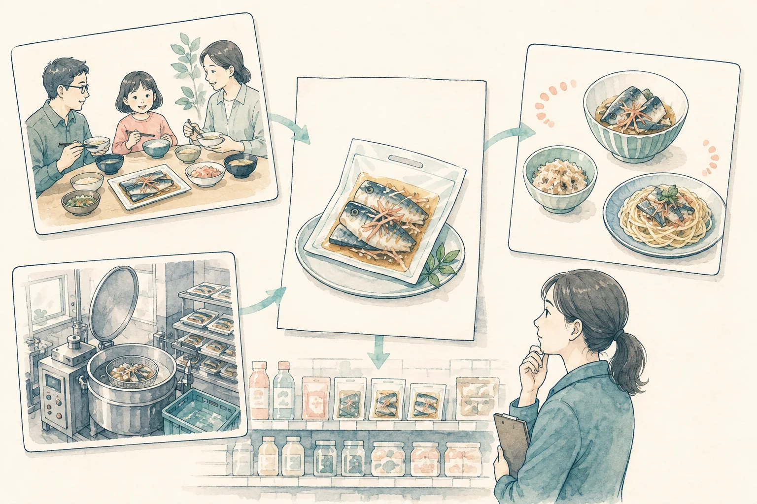 利用場面と食品の特徴、販売先の条件を一枚の企画にまとめる概念イラスト