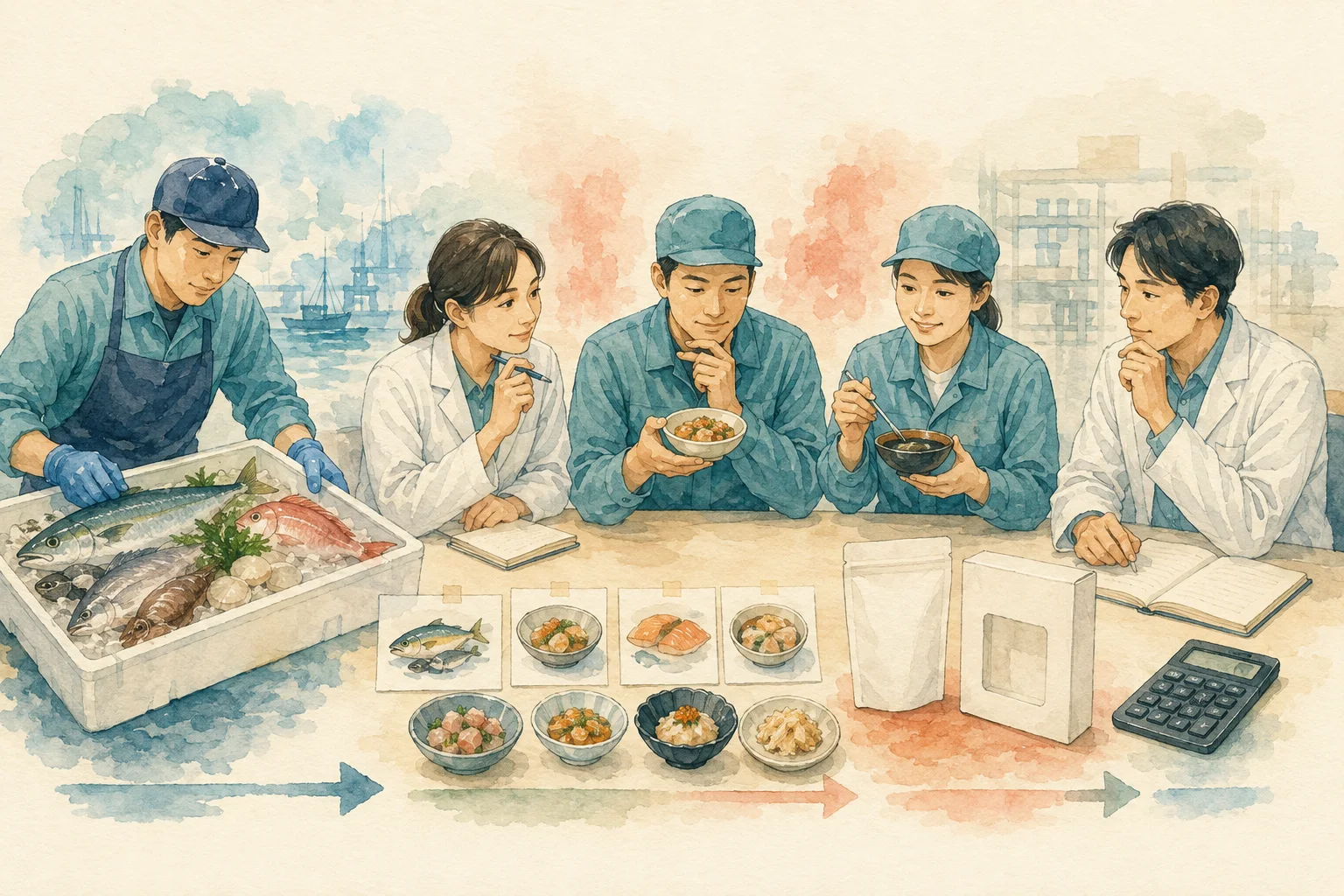 原料と試作品、企画ノート、包材を囲んで商品開発を検討するチームの概念イラスト