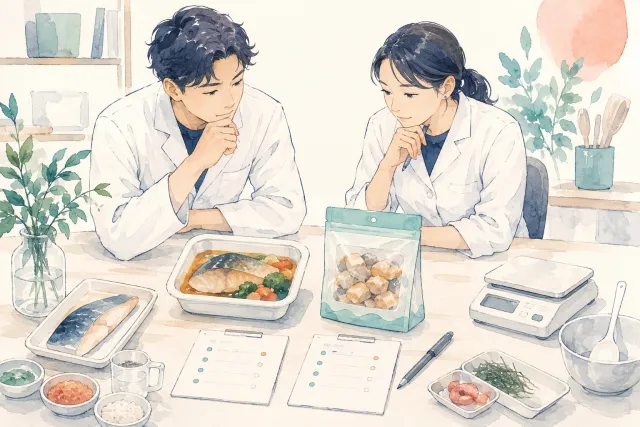 温める主菜と少量のおつまみの試作案を比較する説明用イラスト