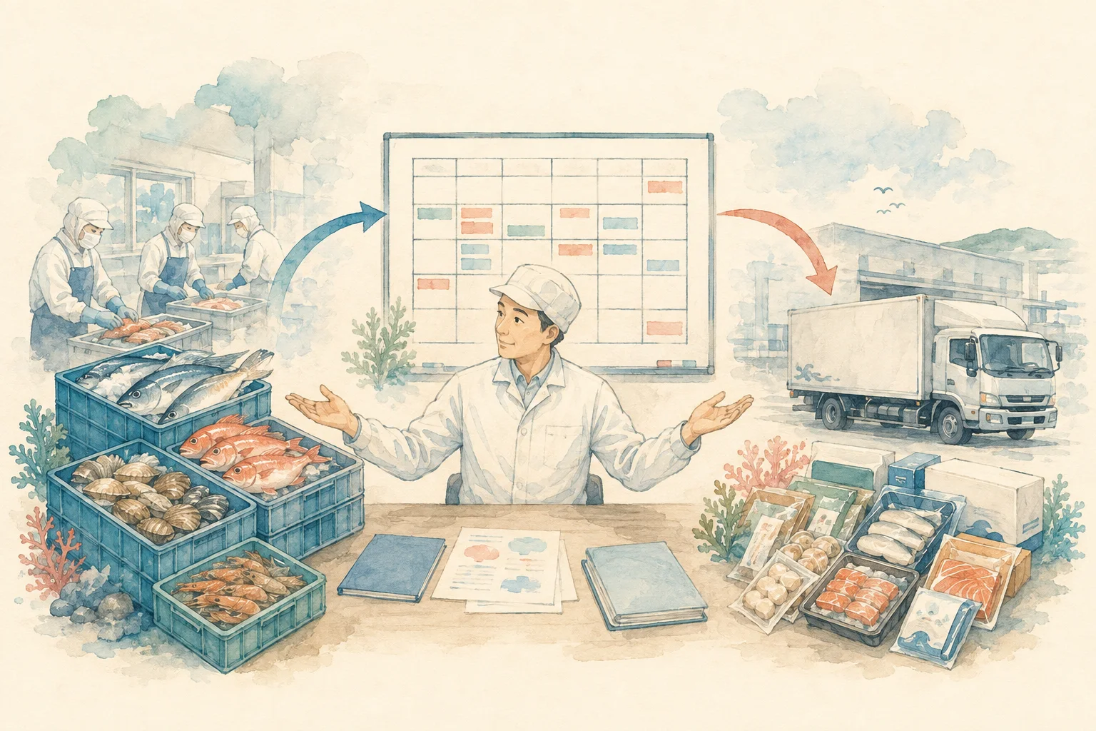 原料と商品、予定表をつないで計画を考える食品工場の担当者の概念イラスト