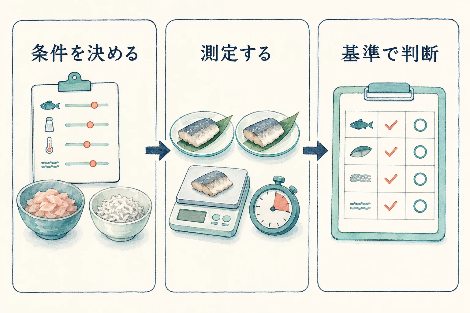図:試す条件を決め、測定し、採用基準で判断する三段階。AI生成による説明用の概念図です。 試す条件を決め、測定し、採用基準で判断する三段階