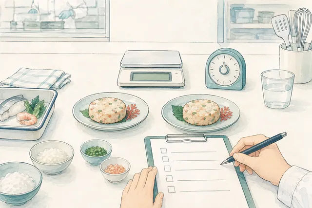 配合と測定項目をそろえて二つの試作品を評価する概念イラスト