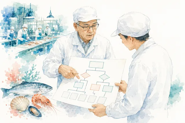 判断の分岐を書いた紙を使って引き継ぐ二人の担当者