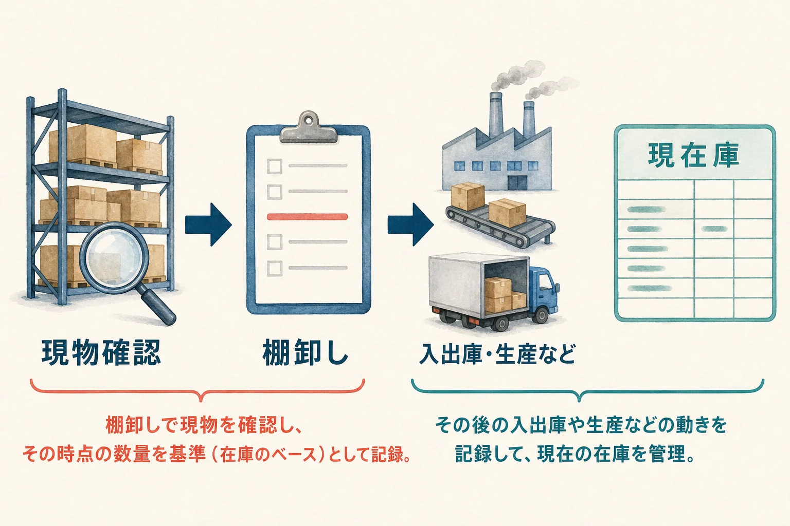 図は記事の考え方を示す概念図です。HAIFFの画面や操作仕様を再現したものではありません。 現物確認と棚卸し基準から、その後の動きを記録して現在庫を計算する流れ