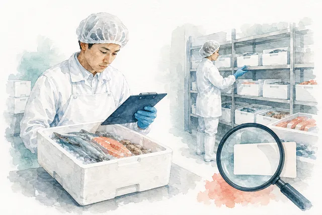 保管中の現物と記録を照合する棚卸し担当者