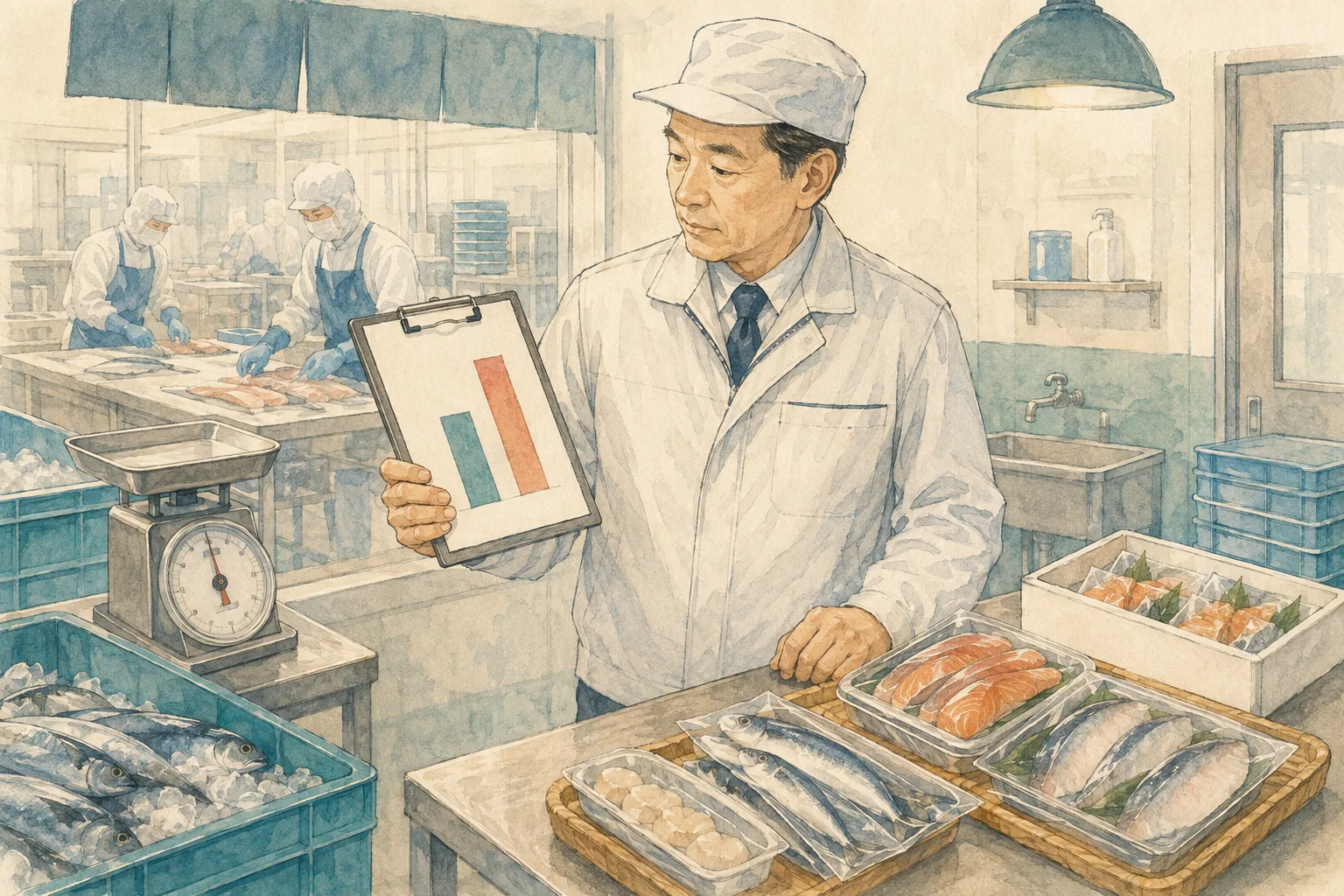 食品製造の実績原価と粗利を確認するを表す概念イラスト