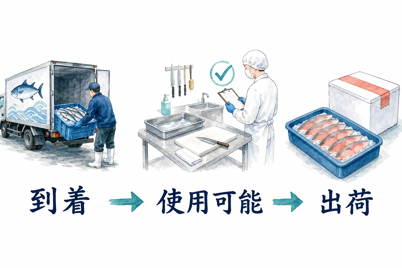 原料が到着しても、受入確認や前処理を終えるまで使用できない場合があります。出荷から逆算して成立を確認します。 到着、使用可能な時点、出荷の三段階を分ける流れ