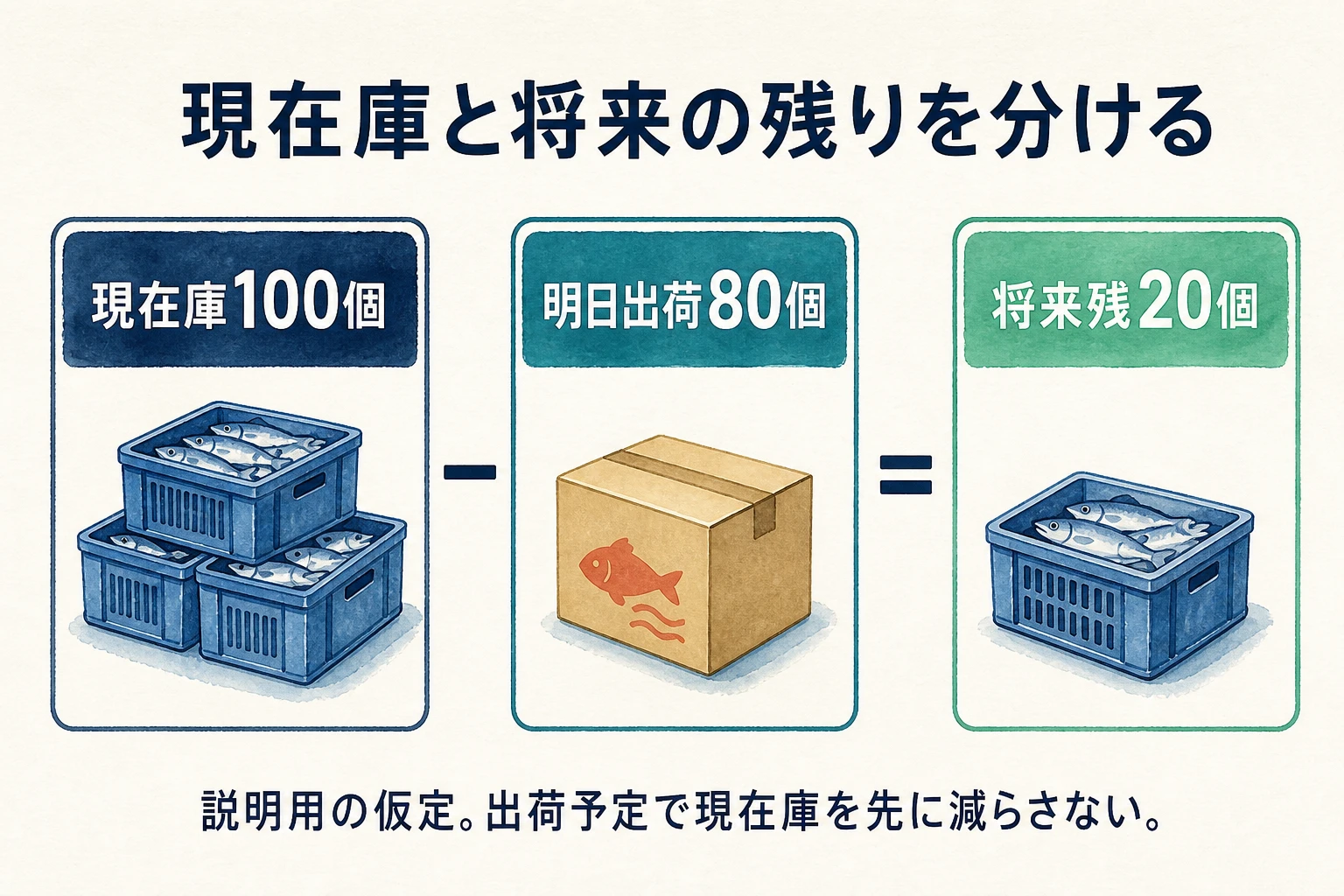 現在庫と出荷予定を分けて考える。数量は説明用の仮定です。 現在庫100個から明日出荷80個を見込むと将来残20個。現在庫を先に減らさない