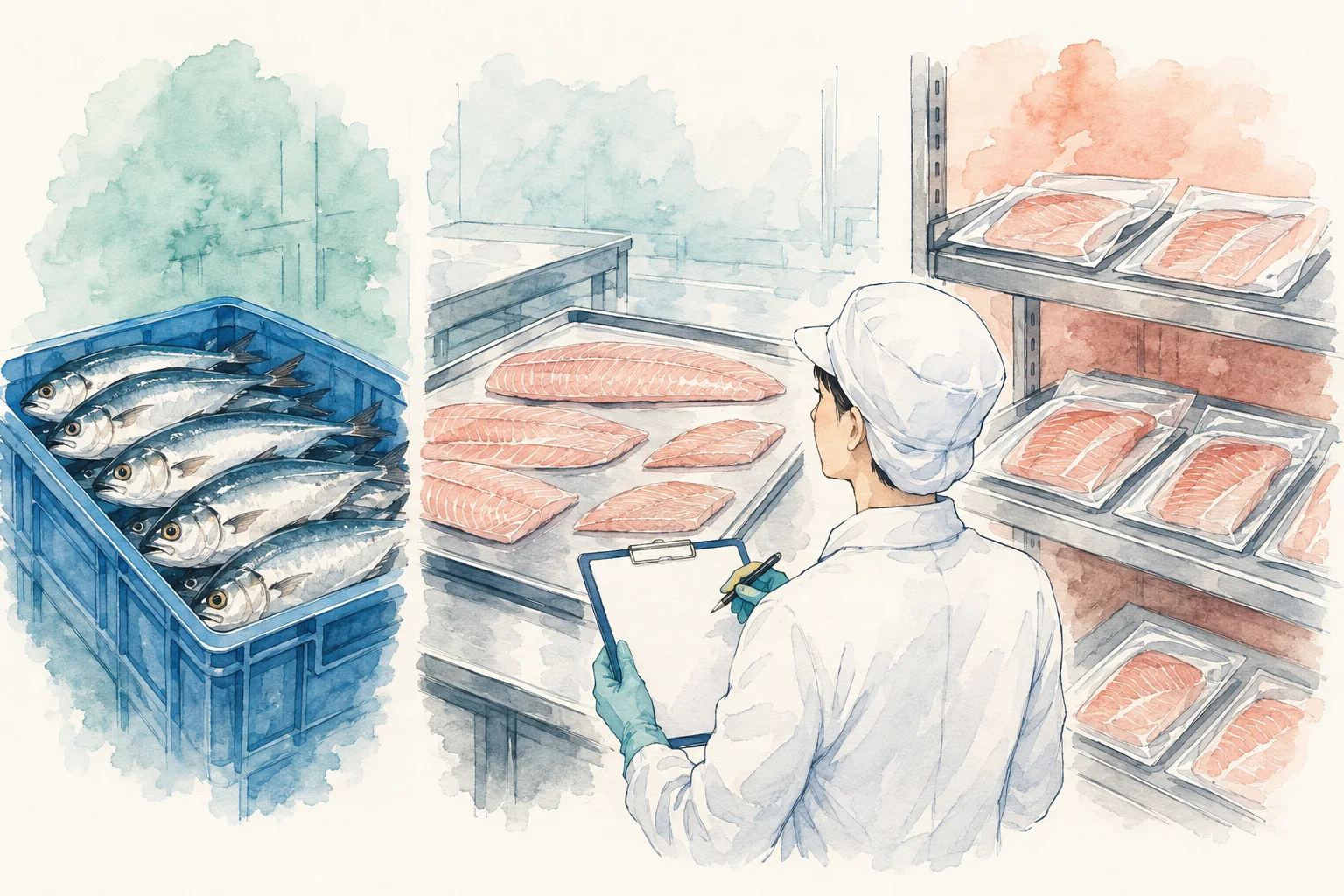 原料の魚、製造中の切り身、包装済み商品を区別して確認する説明用イラスト