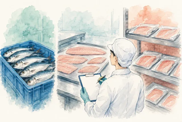 原料の魚、製造中の切り身、包装済み商品を区別して確認する説明用イラスト