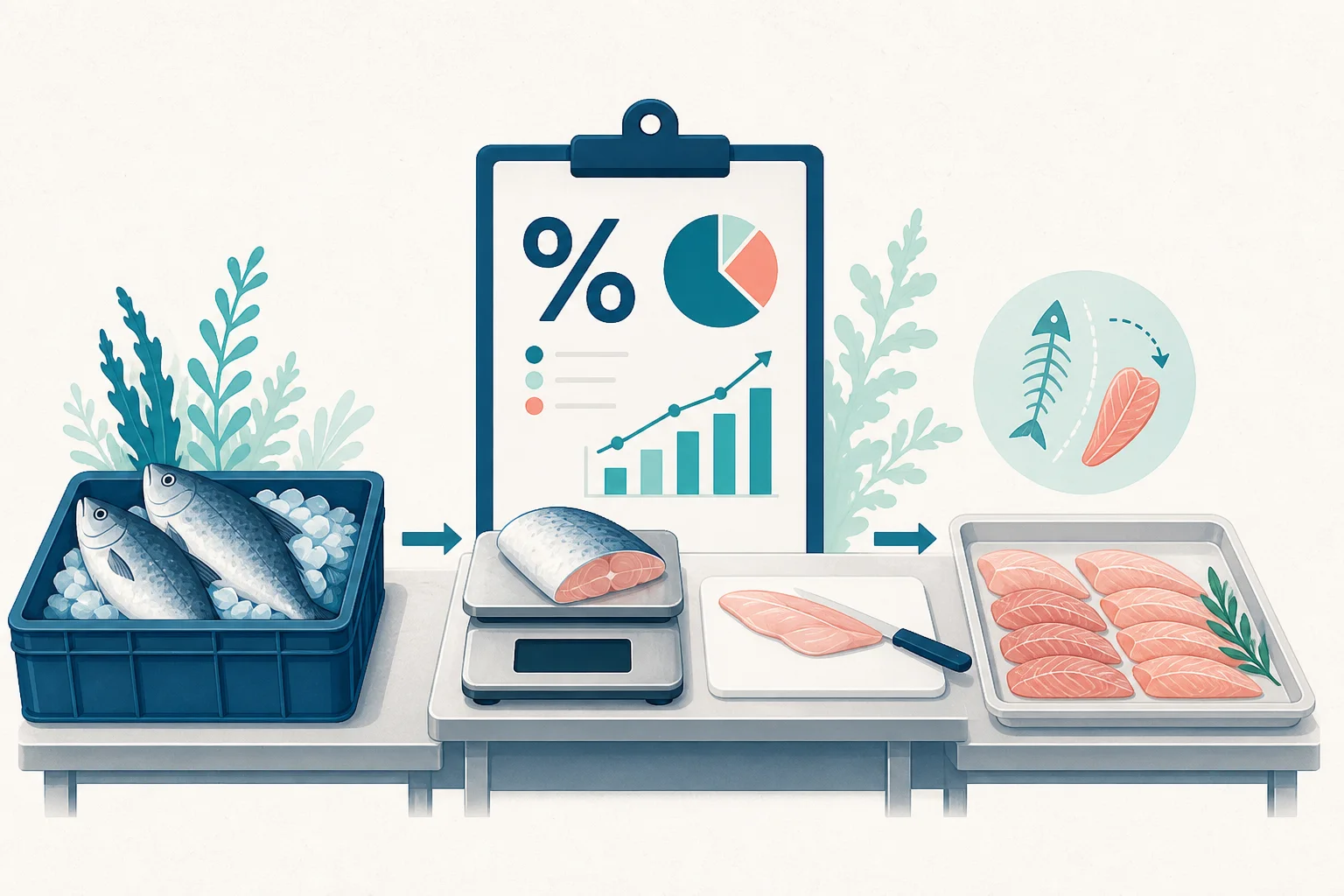 原料の魚から加工・計量を経て切り身へ進む、歩留まり管理の概念イラスト