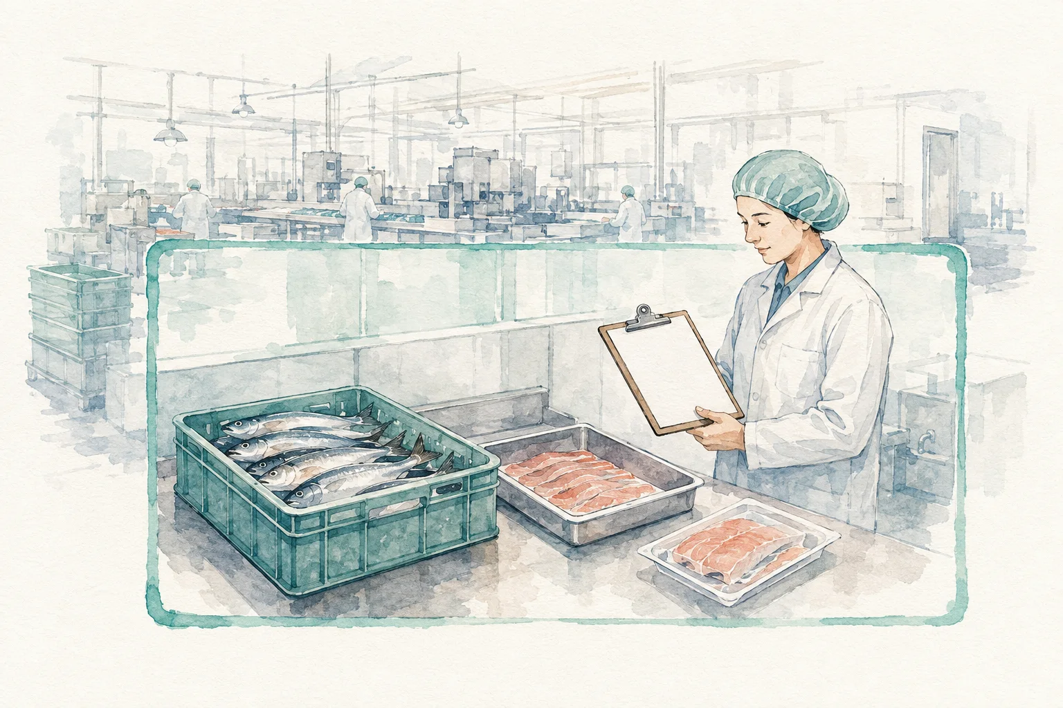 食品工場の一つの作業範囲を選び原料から完成商品を確かめる説明用イラスト