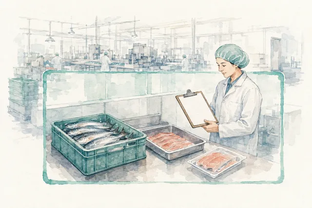 食品工場の一つの作業範囲を選び原料から完成商品を確かめる説明用イラスト