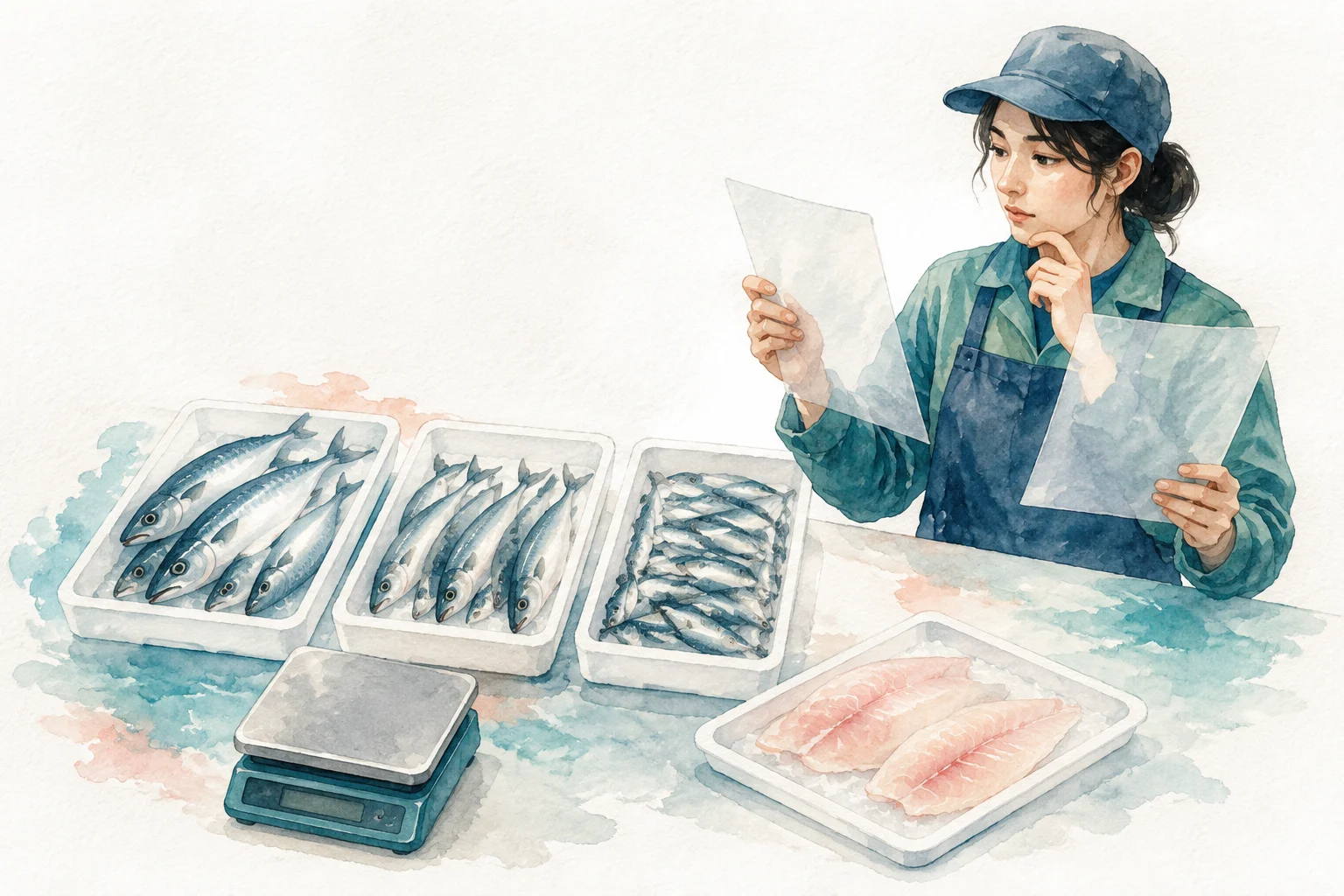 原料の規格、重量、出来高と計画条件を見比べる担当者