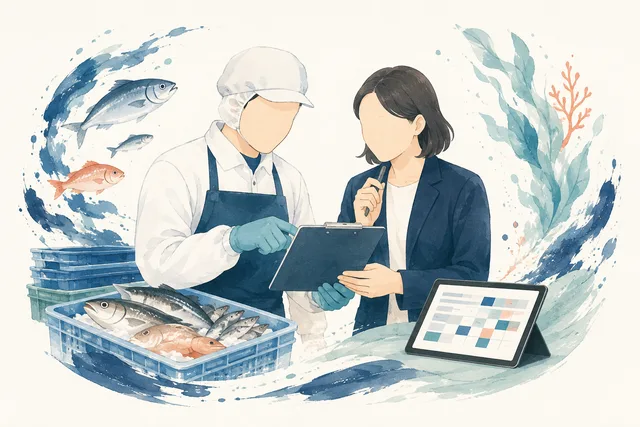 水産加工の現場担当とソフトウェアの担当が計画を相談する概念イラスト